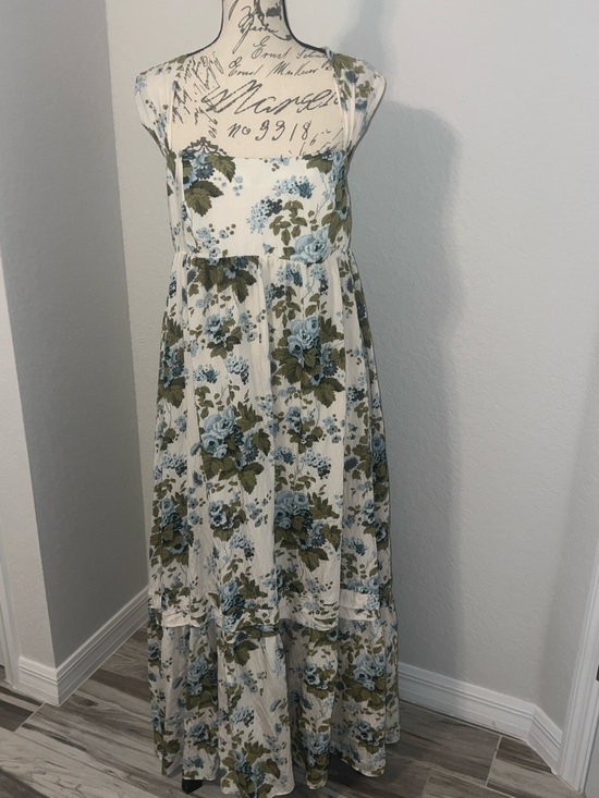 Anthropologie Dresses & Skirts - Anthropologie Cream Maxi Dress with Blue and Olive Floral Print
